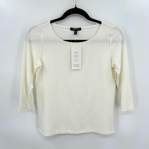 NWT EILEEN FISHER Basic Ivory White Viscose Jersey 3/4 Sleeve Shirt Small Petite - Picture 1 of 7